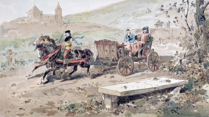 Framed Print : Open horse-drawn carriage from the 16th century