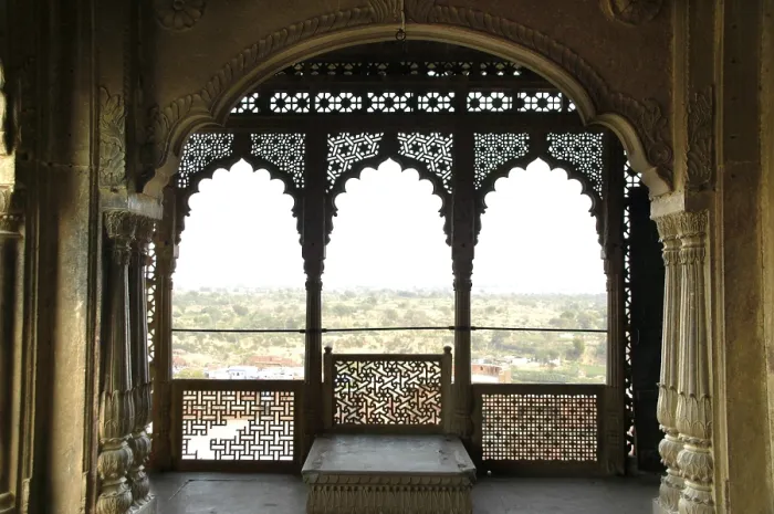 Framed Print : Open and richly ornamented hall city palace Karauli Rajasthan India