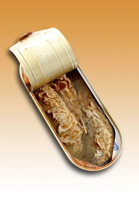 Framed Print : Open tin can with fried herring in a spicy marinade