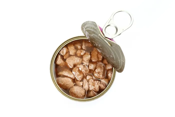 Framed Print : Opened can of cat food, with chicken meat Framed Print : Opened can of cat food, with chicken meat
