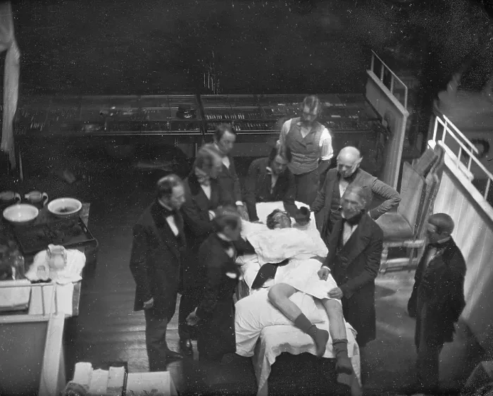 Framed Print : Operation, operating room, one of the first photos of an operation with general anesthesia from 1847