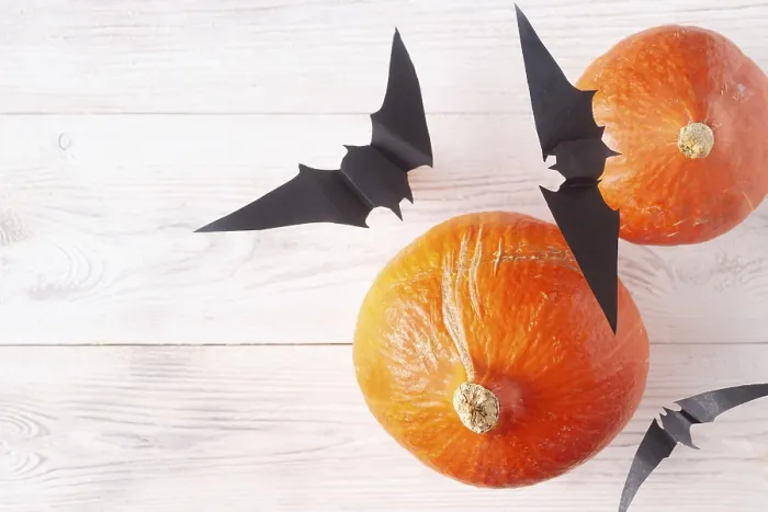 Framed Print : Orange pumpkins and black paper bats on white plank background