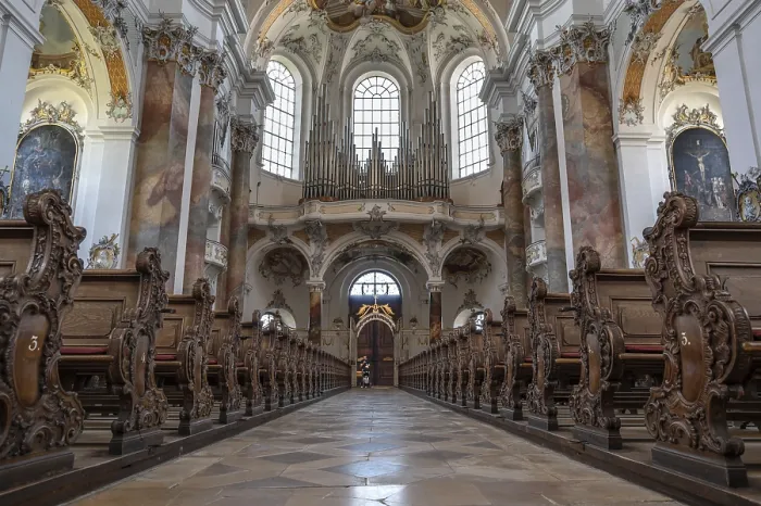 Framed Print : Organ loft of the baroque Basilica of St Alexander and Theodor