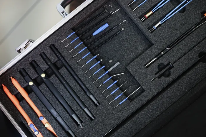 Framed Print : Organized set of precision tools in a case with foam compartments Framed Print : Organized set of precision tools in a case with foam compartments