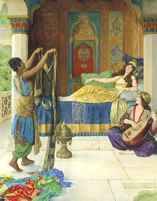 Framed Print : An oriental scene with a woman resting on a bed