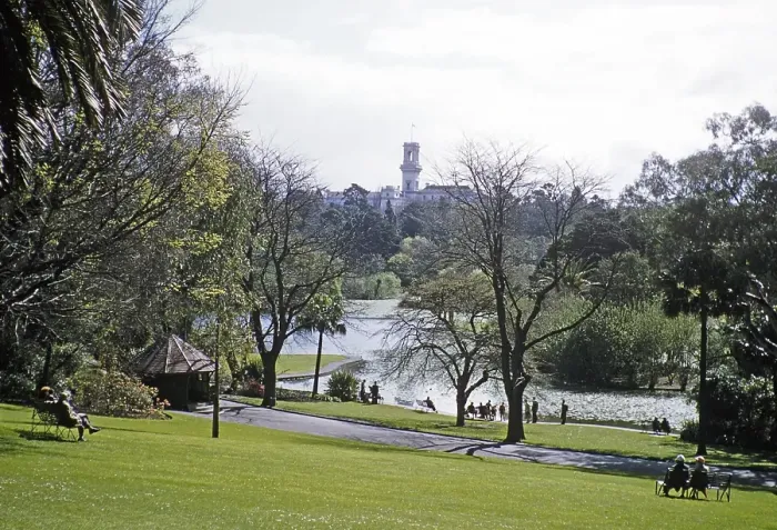 Framed Print : Ornamental Lake, Royal Botanic Gardens Victoria, Melbourne, Victoria, Australia View of Government House, 1956