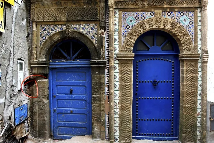 Framed Print : Two ornately decorated blue doors in the old town of Essaouira Framed Print : Two ornately decorated blue doors in the old town of Essaouira