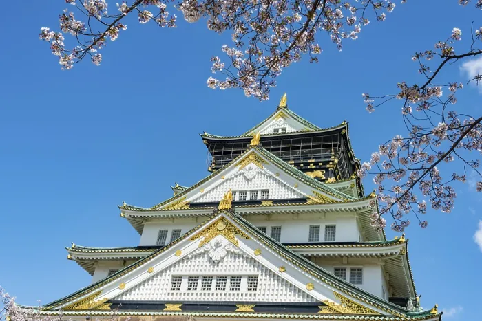 Framed Print : Osaka castle with blooming cherry trees in the park