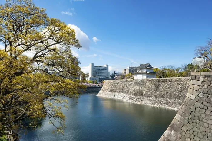 Framed Print : Osaka Castle Wall Watch Tower, Moat Park with Water