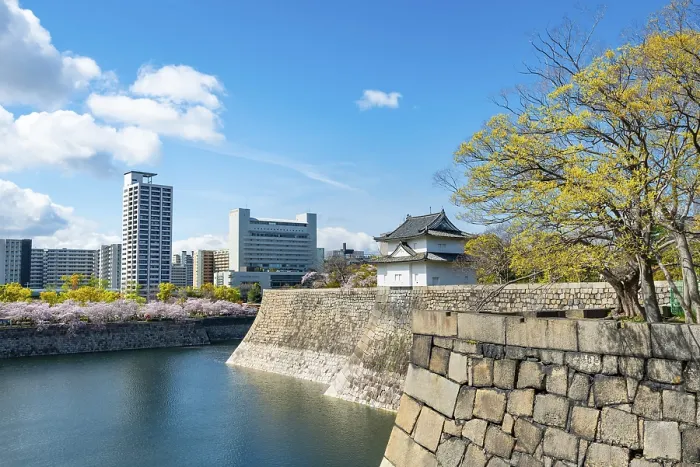 Framed Print : Osaka Castle Wall Watch Tower, Moat Park with Water
