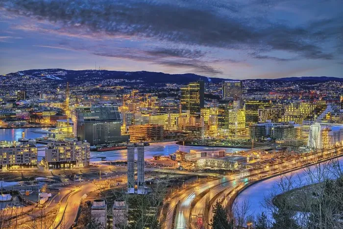 Framed Print : Oslo Norway, night city skyline at business district and Barcode Project Framed Print : Oslo Norway, night city skyline at business district and Barcode Project