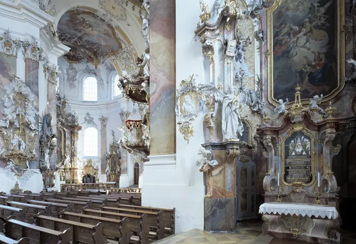 Framed Print : Ottobeuren, monastery church /  View from the side aisle into the nave