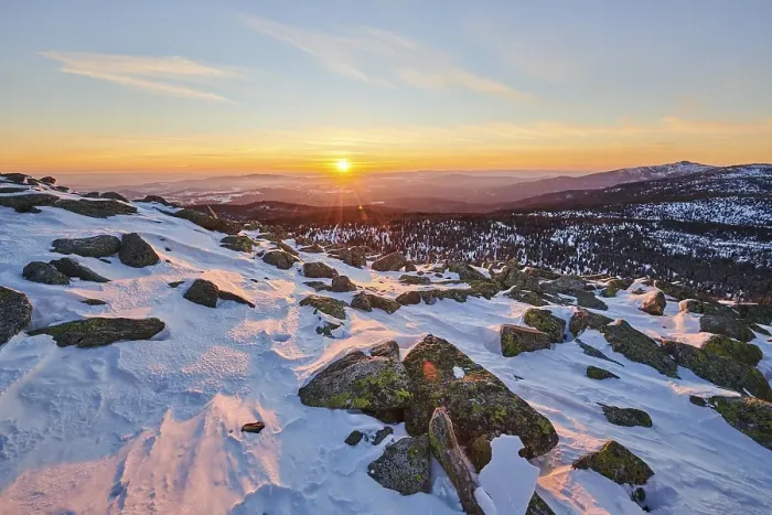 Framed Print : Outlook, sunset in winter on mount Lusen Framed Print : Outlook, sunset in winter on mount Lusen
