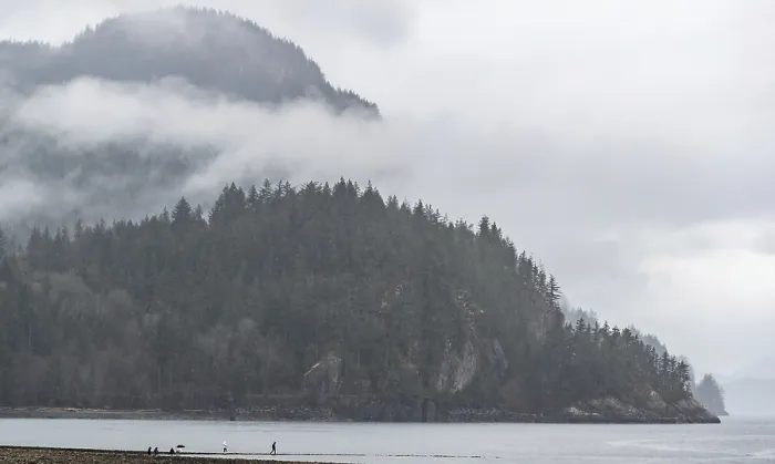Framed Print : Overcast beach scene with misty mountains