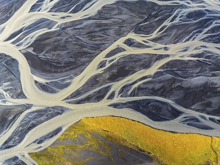 Framed Print : Overgrown river landscape, drone shot