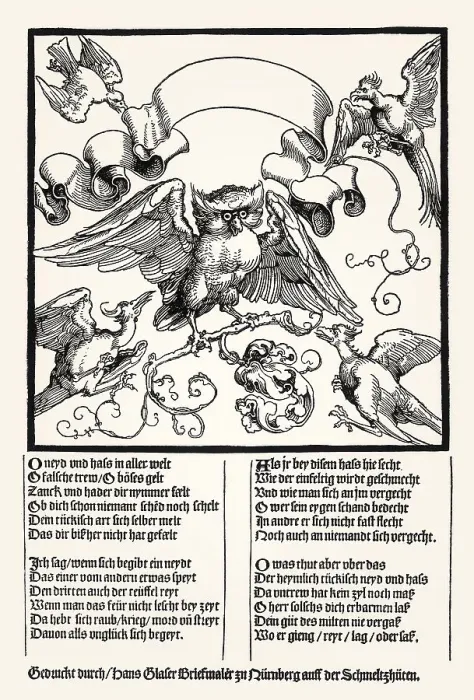Framed Print : Owl fight with other birds, leaflet about hate and envy by Albrecht Duerer and Hans Sachs
