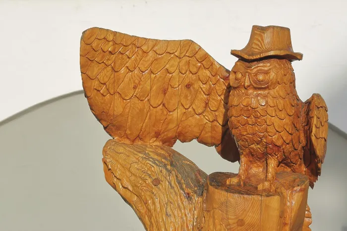 Framed Print : Owl figure with hat on the adventure trail