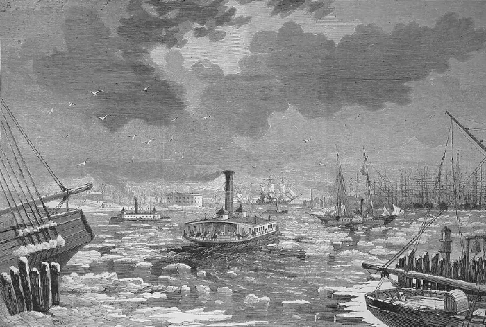 Framed Print : Pack ice obstructs shipping traffic in New York harbour in 1869 Framed Print : Pack ice obstructs shipping traffic in New York harbour in 1869