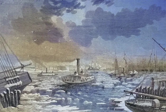 Framed Print : Pack ice obstructs shipping traffic in New York harbour in 1869 Framed Print : Pack ice obstructs shipping traffic in New York harbour in 1869