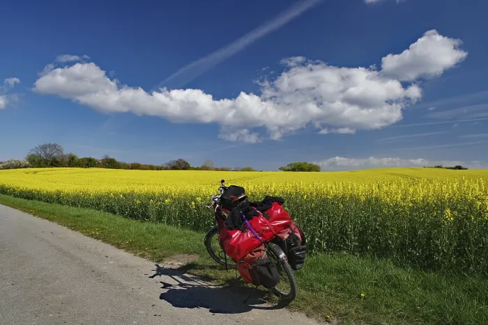 Framed Print : Packed bicycle standing on a narrow road in front of flowering rape fields Framed Print : Packed bicycle standing on a narrow road in front of flowering rape fields