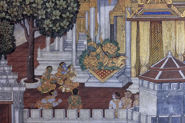 Framed Print : Painted murals depicting scenes from the Ramakien