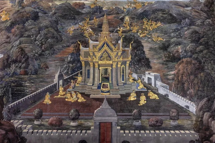 Framed Print : Painted murals depicting scenes from the Ramakien