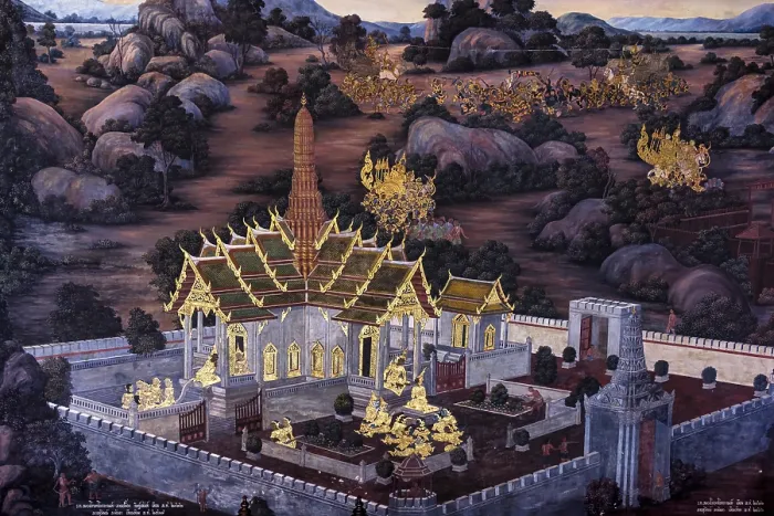 Framed Print : Painted murals depicting scenes from the Ramakien