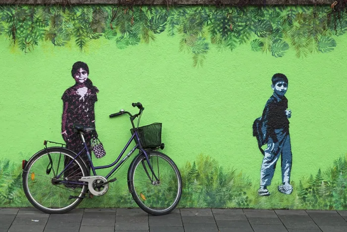 Framed Print : Painted wall and bicycle, street art