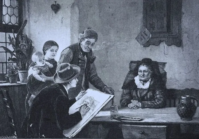 Framed Print : Painter making a picture of the grandmother in her farmhouse parlour Framed Print : Painter making a picture of the grandmother in her farmhouse parlour
