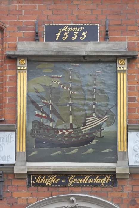 Framed Print : Painting with sailing ship and year at the entrance to the Schiffergesellschaft restaurant