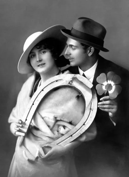 Framed Print : Pair, pair of lovers, horseshoe and cloverleaf as lucky symbol