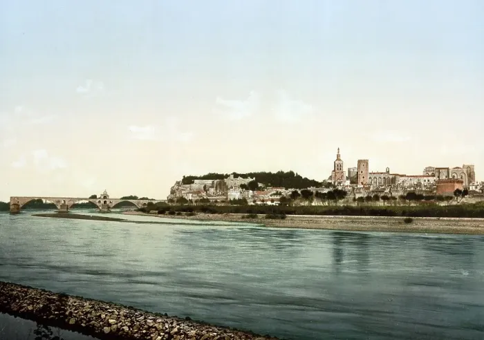 Framed Print : Palace chapel and bridge over the Rhone, built in 1177 and 1488, Avignon, Provence, France, Historical, c. 1900, digitally restored reproduction from a 19th century original, Europe