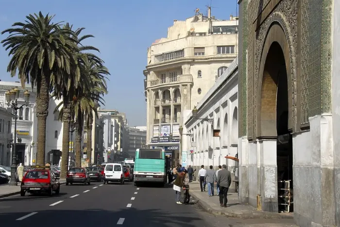 Framed Print : Palm tree avenue in the old town at Central Market Cacablanca Morocco