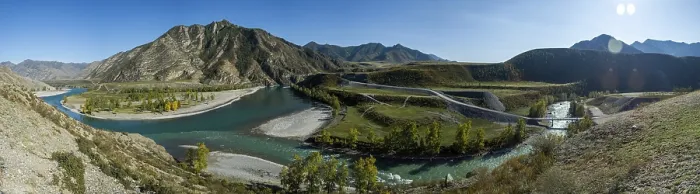 Framed Print : Panorama is the Altai, a mountain river flowing between the Altai mountains and the nature of the area Framed Print : Panorama is the Altai, a mountain river flowing between the Altai mountains and the nature of the area
