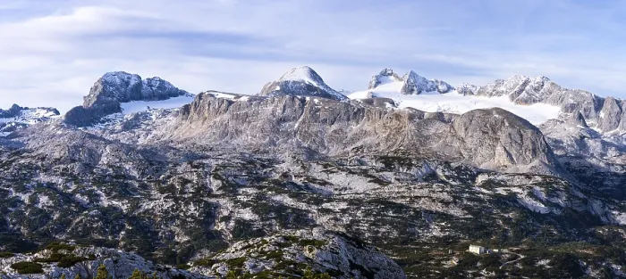 Framed Print : Panorama of the Dachstein mountains in autumn with some snow