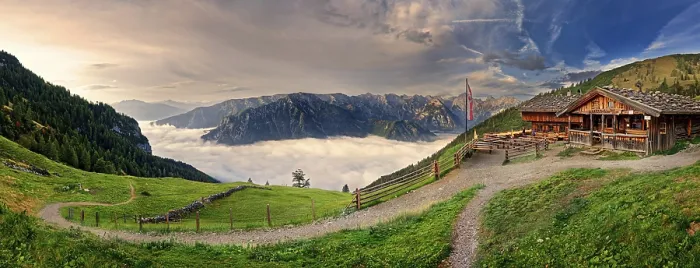 Framed Print : Panorama Dalfaz Alm at sunrise with fog in the valley above the Achensee