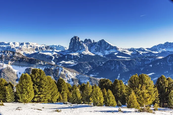 Framed Print : Panorama of the Dolomites with snow-capped peaks and conifers