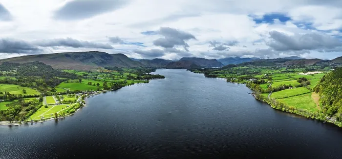 Framed Print : Panorama of Farms and mountains over Ullswater Lake from drone