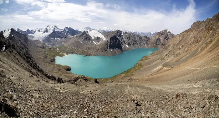 Framed Print : Panorama of lake and mountains of Kyrgyzstan