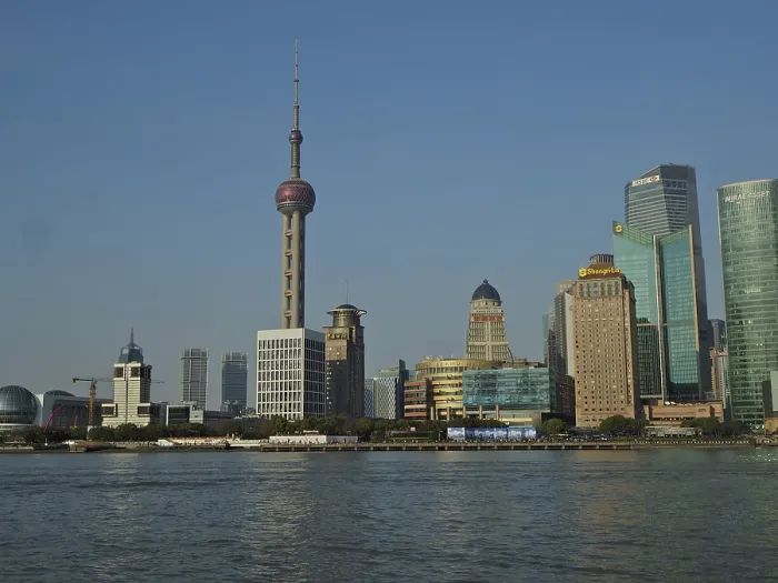 Framed Print : Panorama of a modern skyline of Huangpu Jiang with television tower and water in the foreground