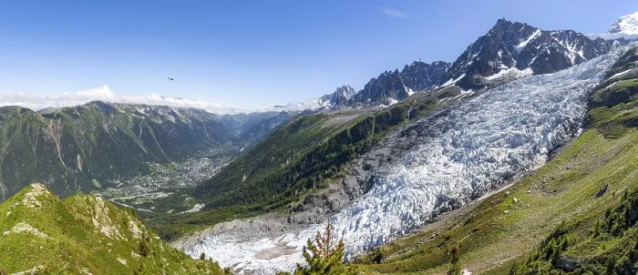 Framed Print : Panorama, mountain landscape with glacier Glacier des Bossons and summit of the Aiguille du Midi