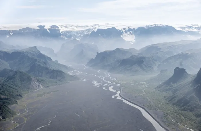 Framed Print : Panorama, mountains and glacier river in a mountain valley
