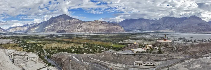 Framed Print : Panorama of Nubra valley in Himalayas with giant Buddha statue in Diskit
