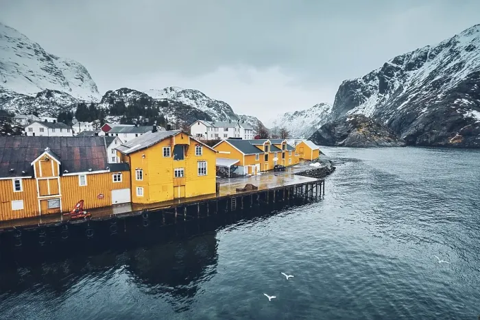 Framed Print : Panorama of Nusfjord authentic fishing village with yellow rorbu houses in Norwegian fjord in winter