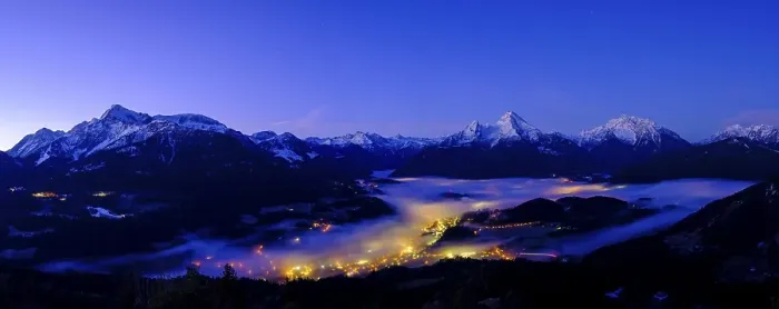 Framed Print : Panorama photo, fog in the valley basin of Berchtesgaden