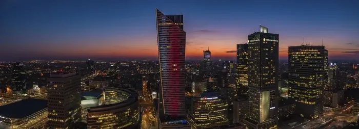 Framed Print : A panorama picture of the sun setting over Warsaw's business center and skyscrapers