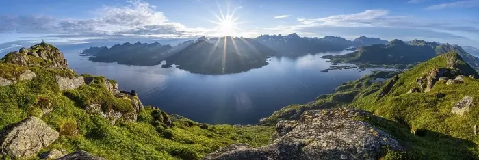 Framed Print : Panorama, sun shining on Fjord Raftsund and mountains