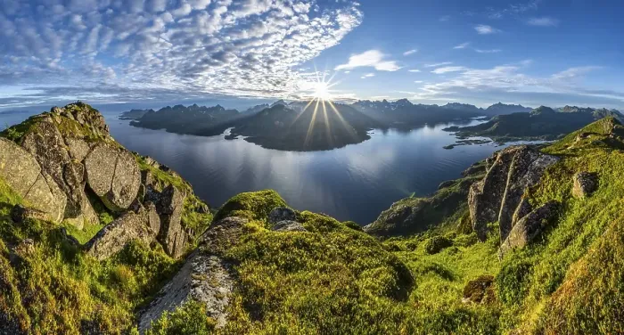 Framed Print : Panorama, sun shining on Fjord Raftsund and mountains