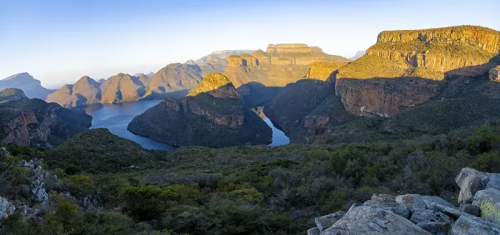 Framed Print : Panorama, sunset at Blyde River Canyon with Three Rondawels peak