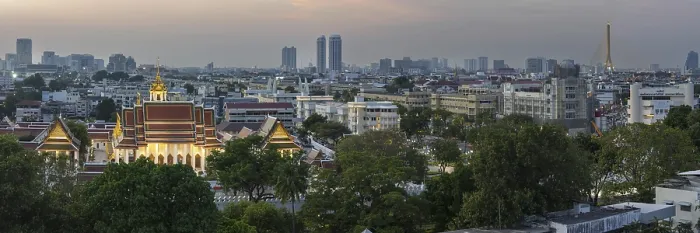 Framed Print : Panorama after sunset from Golden Mount to Wat Ratchanatdaram Worawihan and the skyline of Bangkok